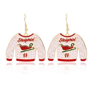 Imagem de Brincos pendentes de Natal para mulheres, suéter de cristal esmaltado, lâmpada com laço HOHOHO, caixa de presente, brincos de Papai Noel, joias de Natal, brincos de Natal para mulheres, Medium, Metal