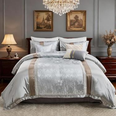 Imagem de Quilta Conjunto de edredom Queen, 7 peças, luxuoso, com tecido jacquard, cama de alta qualidade para todas as estações em uma bolsa com 1 saia, 2 fronhas, 3 travesseiros decorativos, cinza