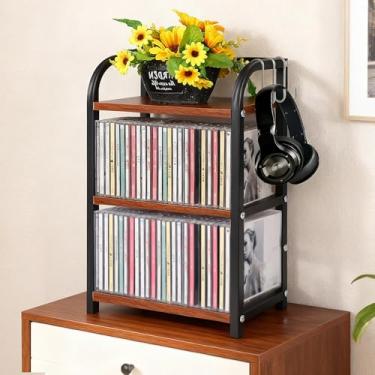 Imagem de Rainmae Prateleira de armazenamento de CD de 3 camadas para exibição de metal de madeira, suporte de CD, organizador de mesa resistente para exibição de disco de jogos, organizador de CD para bancada