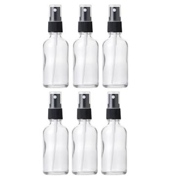 Imagem de 6 frascos de spray de vidro transparente de 50 ml, recarregáveis, atomizador de névoa fina e sprays de plantas com pulverizador de plástico preto para óleos essenciais, perfume, viagens, limpeza, etc