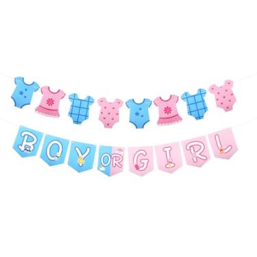 Imagem de Boy or Girl Bandeira, Decorações Neutras Revelação Gênero Pré-Enfiadas Guirlanda Papel Chá Bebê com Macacão Azul & Rosa Decoração Varal para Anúncio Gravidez Festa Fundo Foto Suprimentos