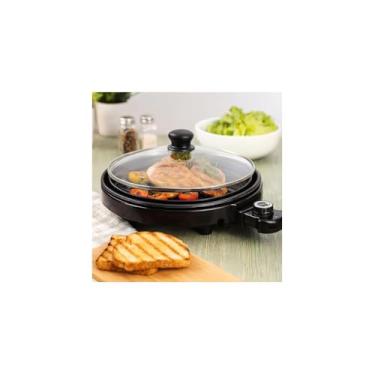 Imagem de Grill Elétrico Premium Redondo, 40cm, Antiaderente, com Termostato, 1200W, 220V, Preto, para Churrascos e Grelhados