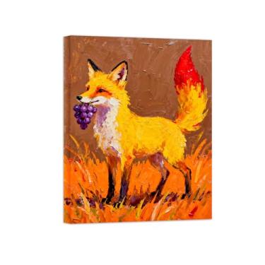 Imagem de Animais Pintura Arte Parede - Raposa carregando uvas - Impressões em tela - Moderno Colorida Pôster para decoração sala de estar 70x90cm Tela Embrulhada