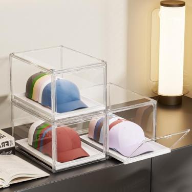 Imagem de GUDEMAY Caixa organizadora de chapéus, recipientes empilháveis transparentes para bonés de beisebol com porta magnética para armazenamento de bonés snapback, estojo de exibição com gaveta removível