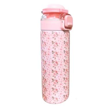 Imagem de Garrafa Feminina Design Romântico 700ml Aço Inox 316, Dupla Camada, Mantém Gelado Prolongado. Duplo Bico, Trava e Base Antiderrapante p/Atividade Física. (Rosa Florido)