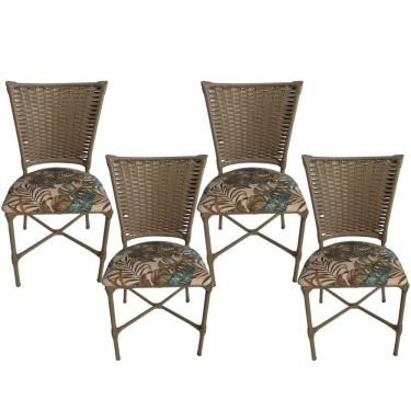 Imagem de 4 Cadeira Vivara Mesa Jantar Estofada Cozinha Fibra Sintética Areia Assento Floral Verde