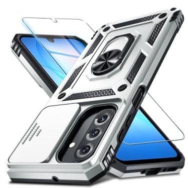 Imagem de Janmitta Compatível com Samsung Galaxy A17 5G/4G Capa de lente de câmera deslizante embutida + protetor de tela + suporte de anel de dedo, capa de celular resistente à prova de choque, prata