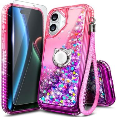 Imagem de Capa NGB projetada para iPhone 17, rosa/roxo | Capa de telefone fofa com glitter líquido brilhante para mulheres e crianças | com protetor de tela de vidro temperado, suporte de anel e cordão de pulso