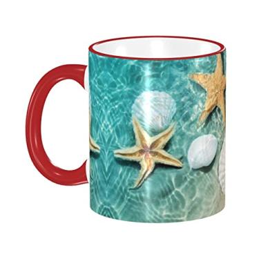 Imagem de Ourdovi Caneca de café expresso de cerâmica com padrão estrela do mar e conchas, caneca de cerâmica revestida DIY, para café, sopa, chá, leite, latte, cacau quente, colorido divertido 340 g.