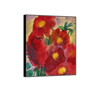 Imagem de BMZFYBS Pintura de arte de parede de flores - imagem de decoração vintage - flores vermelhas - impressões em tela de moldura preta para sala de estar 30 x 35 cm 12 x 13 pol