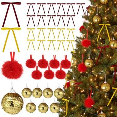Imagem de Poen 64 peças de enfeites de Natal, 16 bolas de Natal e 48 laços de árvore de veludo, enfeites de bola de Natal de 6,9 cm, laço de guirlanda vintage para festa de Natal, árvore e suprimentos