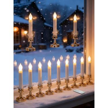 Imagem de Romadedi Controle remoto de velas de janela de Natal – Pacote com 12 pilhas de LED sem chama com ventosa, luzes de castiçal elétrico cintilantes, decoração dourada