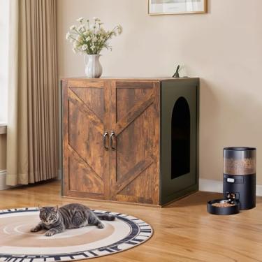 Imagem de Caixa de areia para gatos, caixa de areia grande automática para 3/4, com portas removíveis DIY, estação de carregamento, marrom rústico