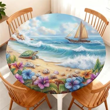 Imagem de Yesad Toalha de mesa redonda com borda elástica para mesa redonda de até 124,5 a 132 cm, capa de mesa impermeável para acampamento, interior, exterior, férias, verão, tartaruga marinha