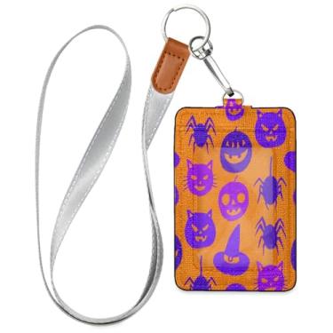 Imagem de Wassud Porta-crachá de couro PU Halloween Cats com cordão, porta-cartão de identificação para trabalho, cordão de pescoço com compartimentos para cartões de crédito, funcionários, estudantes, 40 cm