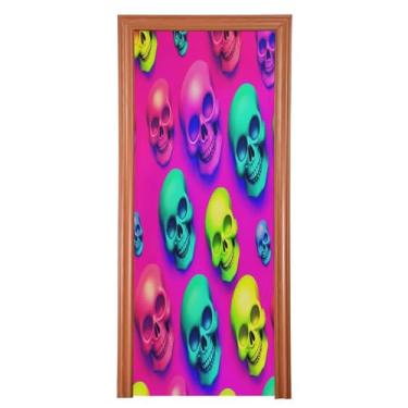 Imagem de Qilmy Decoração de capa de porta 81 x 200 cm tecido grande placa de decoração de festa de Halloween para porta da frente Halloween colorido caveira varanda decoração externa janela parede 532