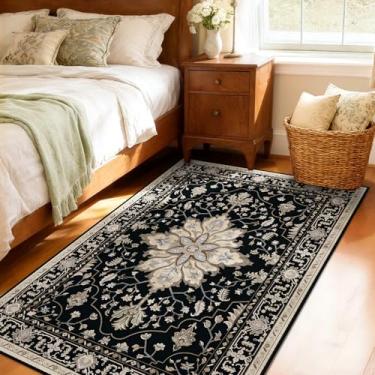 Imagem de RELEANY Tapetes de área adequados a vácuo, 1,2 m x 1,8 m, lavável na máquina, antiderrapante, floral, vintage, estampa de angústia, tapete medalhão para sala de estar, quarto, tijolo, preto, marrom