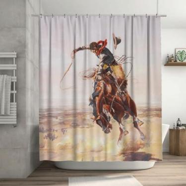 Imagem de Azppsad Cortina de chuveiro vintage caubói ocidental decoração de banheiro tecido impermeável banheira conjunto de cortina de chuveiro com ganchos 182 x 182 cm