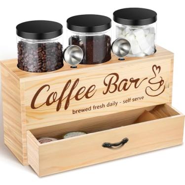 Imagem de Skybooly Conjunto de 3 potes de café com prateleira e colher Recipiente de armazenamento de grãos de café de plástico com tampas, caixa de armazenamento de café com gaveta, potes de armazenamento de