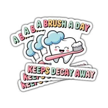 Imagem de 3 adesivos dentários A Brush a Day Keep Decay Away; decalques de higiene dentária para dentista, assistente dentário, estudantes, adolescentes, adultos, vinil para laptop, carro, notebook, tablet