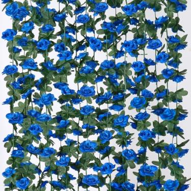 Imagem de KHOYIME Pacote com 9 guirlandas de flores artificiais de 1,88 m, rosas azuis falsas, flores de seda, plástico sintético, decoração de hera floral, decoração para decoração de quarto de casamento