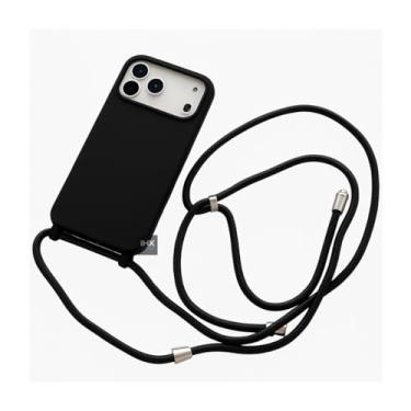 Imagem de Capa Case Capinha Para iPhone 17 PRO Silicone Com Cordão Alça De Pescoço Ajustável Veludo Premium (PRETO)