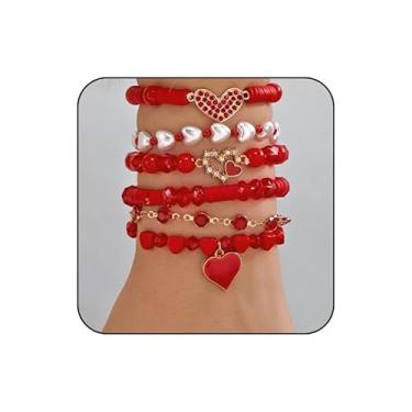 Imagem de WCRAZYE Pulseiras de coração de dia dos namorados para mulheres, feitas à mão, boêmia, multicamadas, coração, empilháveis, amizade, presentes de festa de aniversário, Adjustable, Metal Metal Liga