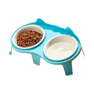 Imagem de Comedouro e Bebedouro Duplo Pet Cerâmica Cão Gato Exquisitamente Trabalhado e Esteticamente Agradável Leve (Azul)