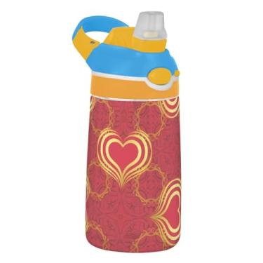 Imagem de Elegante garrafa de água infantil Red Gold Hearts com canudo 473 ml 473 ml Garrafa de água de plástico Tritan portátil à prova de vazamento para crianças, reutilizável, alça de transporte
