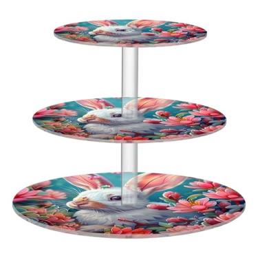 Imagem de Coelho branco, flores rosa, 3 camadas, suporte para cupcake, xícara de chá, torre de bolo, exibição fofa, suporte de donut, suporte para sobremesa, formatura