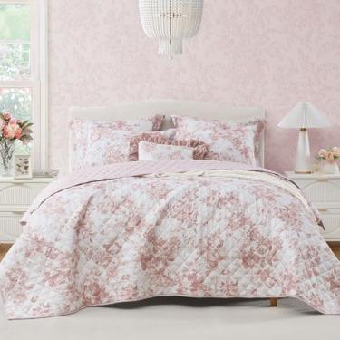 Imagem de BLOOMHAVEN Conjunto de colcha tamanho solteiro, conjunto de colcha floral rosa empoeirada, reversível, leve e respirável para todas as estações, colcha acolchoada macia com 1 fronha