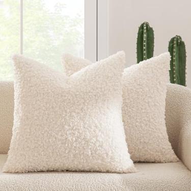 Imagem de MIULEE Pacote com 2 capas de almofada 61 x 61 cm de pele sintética branca neutra decorativa sherpa fronhas de almofada felpuda de lã de ovelha macia para decoração de casa boho sofá sala de estar cama