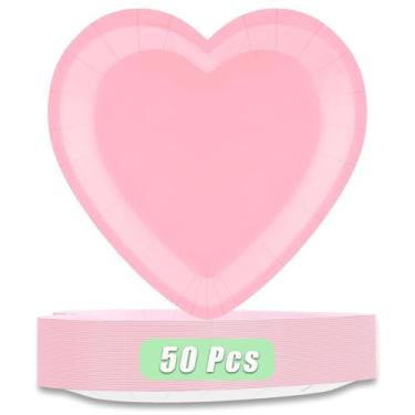 Imagem de JIEFULL 50 peças de pratos de papel rosa em forma de coração 23 cm descartáveis para Dia dos Namorados para festa dos namorados, reuniões de aniversário, casamento, noivado, suprimentos de mesa
