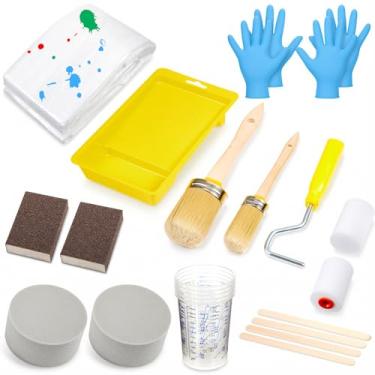 Imagem de LemonRoad Conjunto de 20 peças de pincel de pintura e rolo, materiais de pintura incluem copos, esponja, forro de bandeja e bastões de mistura, ferramentas que você precisa para aplicar acabamento