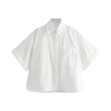 Imagem de Camisa Feminina De Manga Curta Com Gola Polo Em Cor Sólida E Bolso Mod