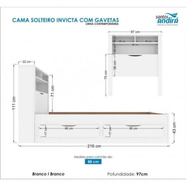 Imagem de Cama de Solteiro com 2 Gavetas Invicta Contemporânea Santos Andirá Branco