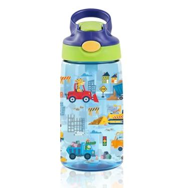 Imagem de Garrafa de água infantil de 400 ml com tampa de canudo – Garrafas de água de veículos para crianças, à prova de vazamento, leves, duráveis garrafas de plástico para escola, copo de presente da equipe