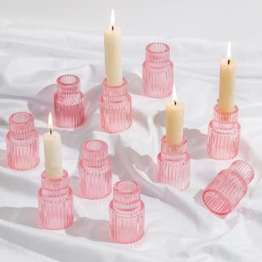 Imagem de Glasseam Castiçais de vidro cônicos: 10 peças de castiçal rosa com nervuras para decoração moderna de castiçais afunilados para mesa de centro de mesa, decoração de casamento rosa, jantares de dia dos