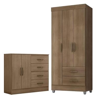 Imagem de Guarda Roupa Solteiro 3 Portas e Cômoda 4 Gavetas e 2 Portas Lite Carvalho Oak - Móveis Leão