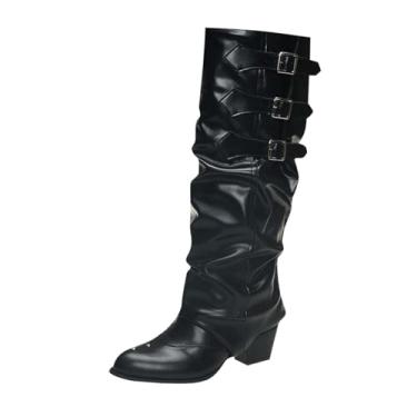 Imagem de Botas femininas caubói ocidental bico fino fivela cinto tornozelo para outono e inverno moda meia panturrilha calçado, Preto, 34