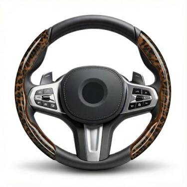 Imagem de 2 peças de capa de volante de leopardo, protetor de aro segmentado antiderrapante universal, capa rígida ABS com estampa de chita brilhante, serve em formato O/D, acessórios de carro de instalação