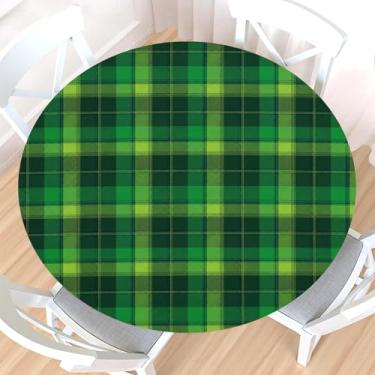 Imagem de Toalha de mesa xadrez redonda de Dia de São Patrício com borda elástica, resistente à água, verde buffalo, xadrez, guingão, capa de mesa para mesa elástica de 101,6 a 111,8 cm para jantares internos e