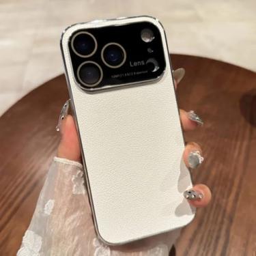 Imagem de SFDSUH Capa protetora com janela grande de vidro e textura de lichia para iPhone 15 Pro Max (Para iPhone 15 Pro Max/Branca)