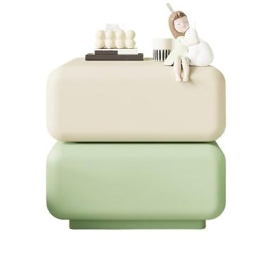 Imagem de Mesa de cabeceira moderna de madeira verde branca para casa, quarto, gaveta dupla, aparador giratório de 360°, prático (grande)