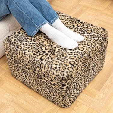 Imagem de Poofieotto Pufe quadrado fofo de 50 x 50 x 35,5 cm - Banco de descanso de pés com espuma de alta densidade, assento versátil para sala de estar (estampa de leopardo)