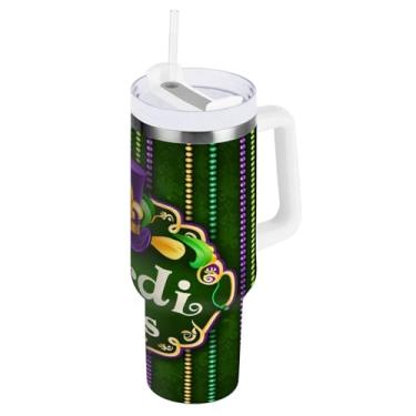 Imagem de Blueangle Copo isolado padrão vintage de 850 g Mardi Gras com alça e tampa de palha, caneca de viagem reutilizável de aço inoxidável (972)