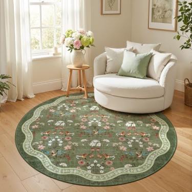 Imagem de jinchan Tapete redondo de 1,5 m, floral, entrada macia, lavável, tapete de cozinha, tapete oriental antiderrapante de pelo baixo chinoiserie interior leve tapete de flores para quarto, sala de estar