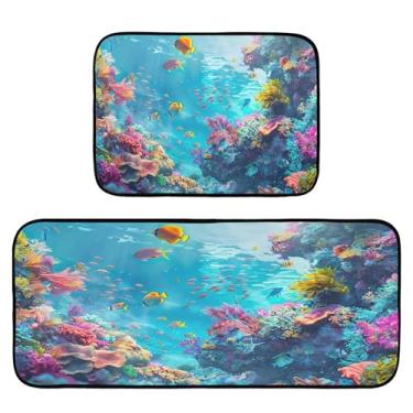 Imagem de xigua Conjunto de 2 peças de tapetes e tapetes de cozinha coloridos do mundo subaquático absorventes macios para o chão, tapete de cozinha, antiderrapante, conjunto de capachos, 50 x 120 cm + 50 x 70
