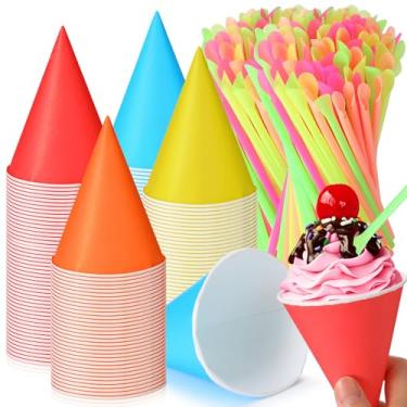 Imagem de Eaasty 400 peças de copos de cone de neve e canudos de 127,6 g, canudos, copos de papel descartáveis, colher de palha, para sorvete raspado, sorvete de água (colorido)
