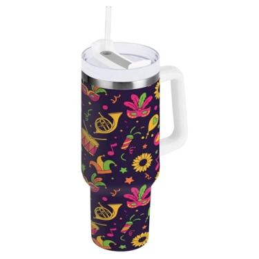 Imagem de Blueangle Copo isolado carnaval de 850 g com alça e tampa de palha, caneca de viagem reutilizável de aço inoxidável (1023)